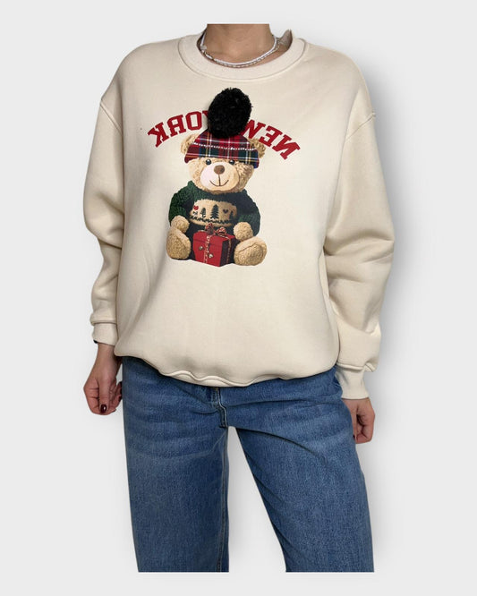 Felpa Vicolo "Bear Christmas" Oversize Beige Donna