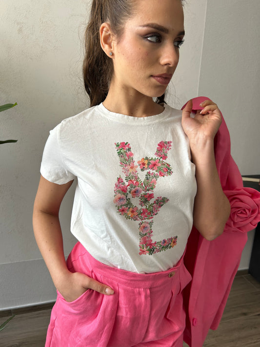 T-Shirt Vicolo "Flowers" Bianca Donna