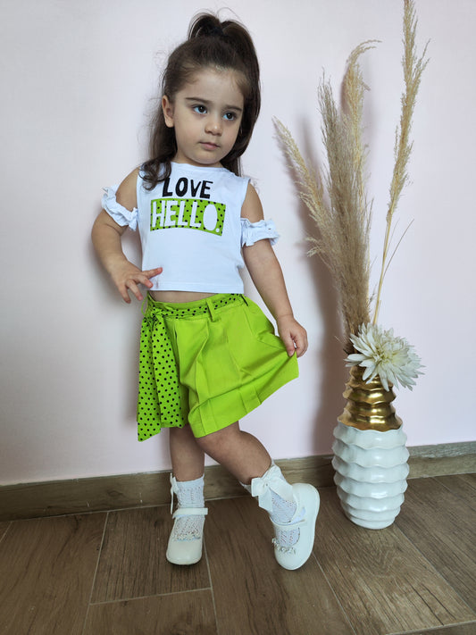 Completo Naice Pantaloncino + T-Shirt Bianco/Verde Lime Bambina