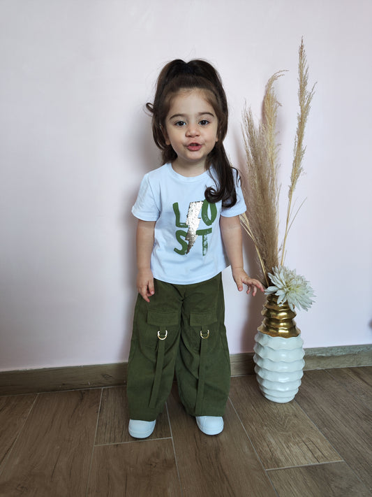 Completo Naice Pantalone + T-Shirt Bianco/Verde Militare Bambina