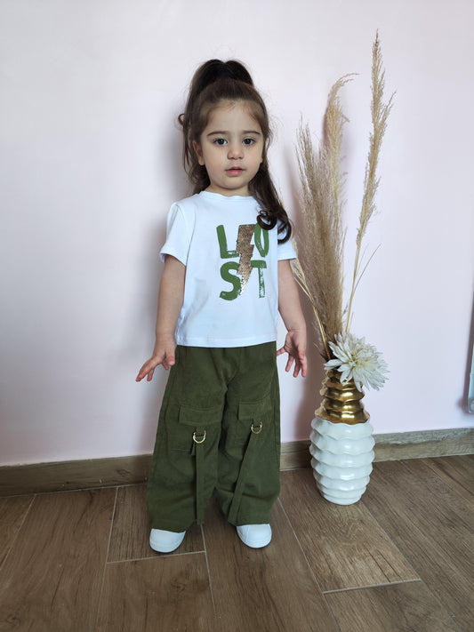 Completo Naice Pantalone + T-Shirt Bianco/Verde Militare Bambina