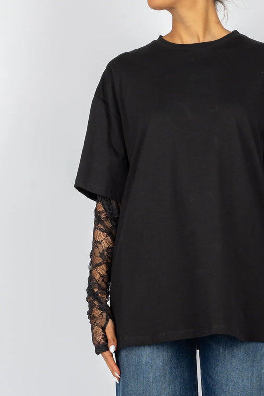 T-Shirt Vicolo Con Pizzo Nera Donna