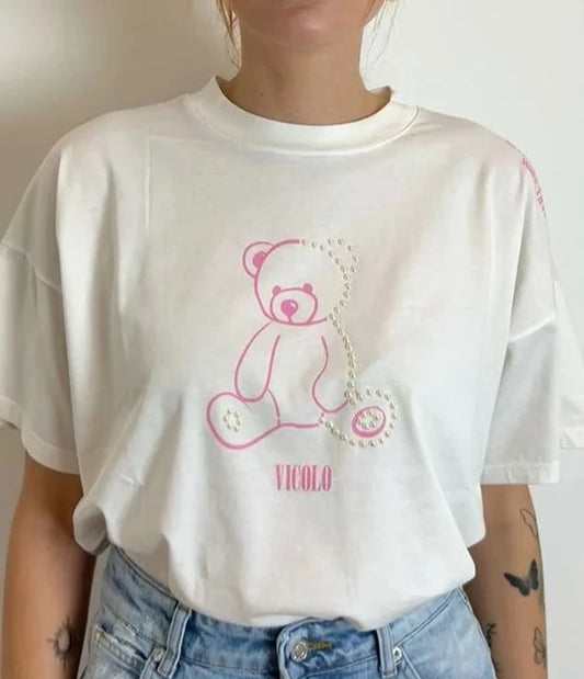 T-Shirt Vicolo "Orso Perla" Bianca Donna