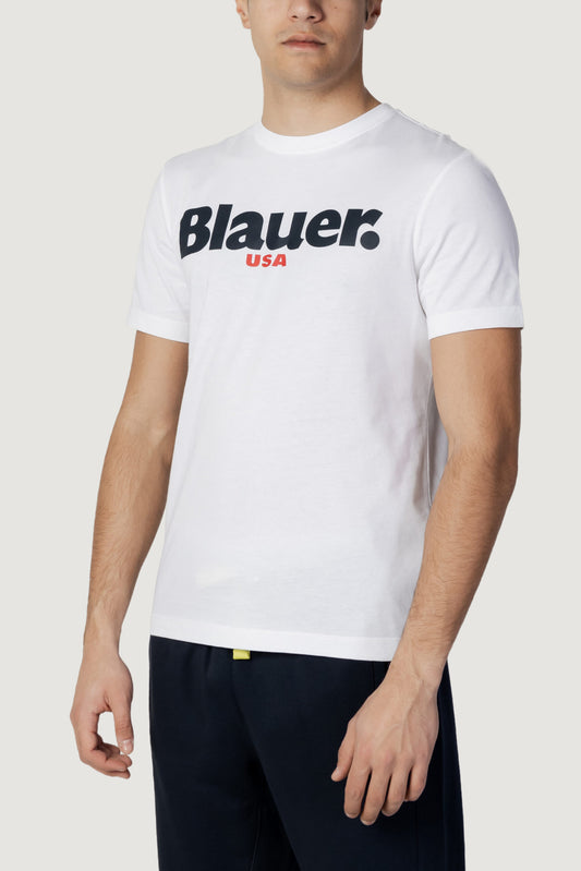 T-shirt Bianca Logo Frontale in Cotone Uomo Blauer